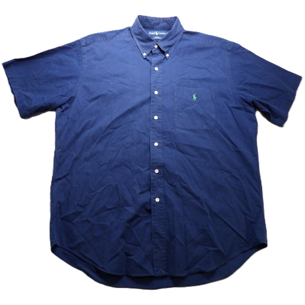 VTG 90s Ralph Lauren Blake Men L Short Sleeve Button Down Shirt Blue Cotton Pony